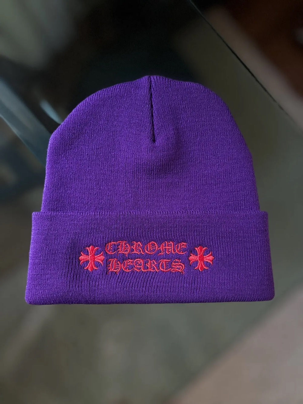 Chrome Hearts Purple Beanie with Red Embroidery